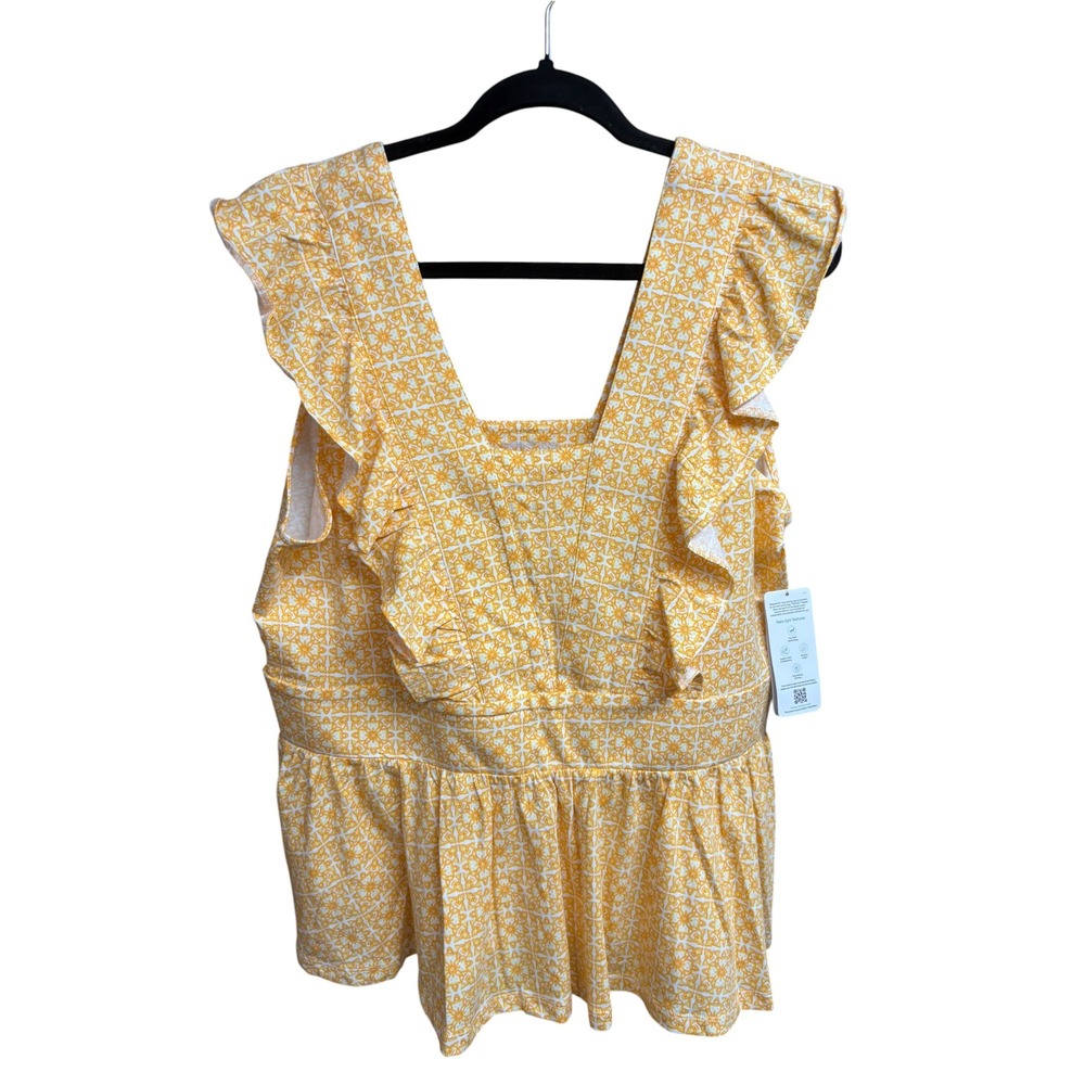 Lands End Yellow Geometric Ruffle Peplum Sleeveless Top 1X NWT
